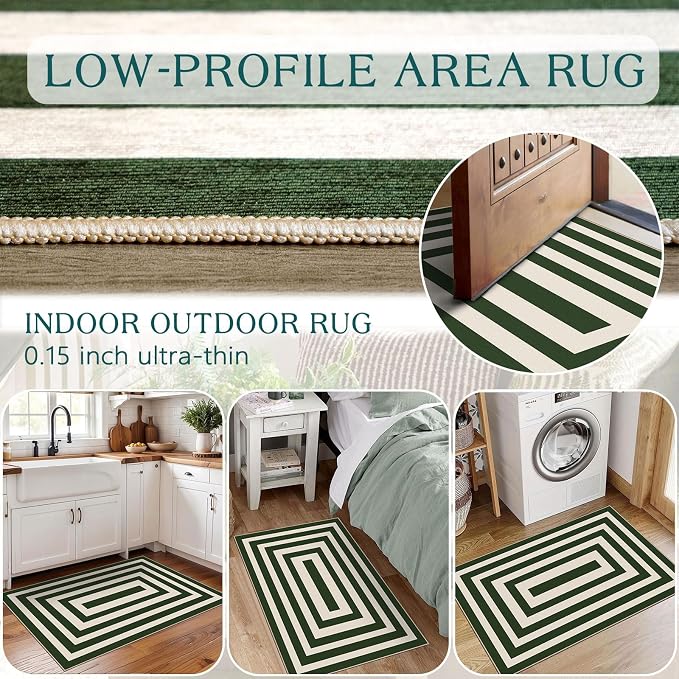 Front Door Mat Indoor Outside Entrance, 2x3 Green White Modern Rug | Non-Slip - Image 7