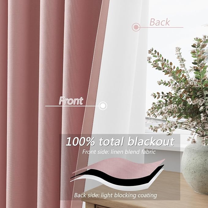 Pink 100% Blackout Linen Curtains 120 Inch 2 Panels Set - Image 4