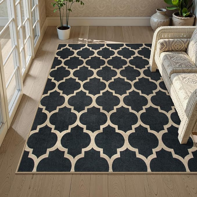 Lahome Moroccan Outdoor Rug 5x7, Easy Jute Black Washable Rugs by Lahome