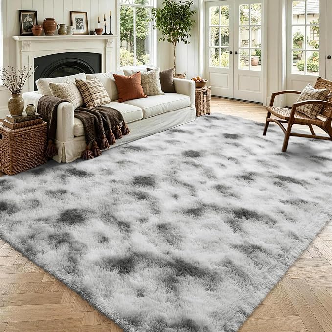 Noahas 4x6 Tie-Dyed Grey and White Fluffy Area Rug Non-Slip by ModernHomeDecor