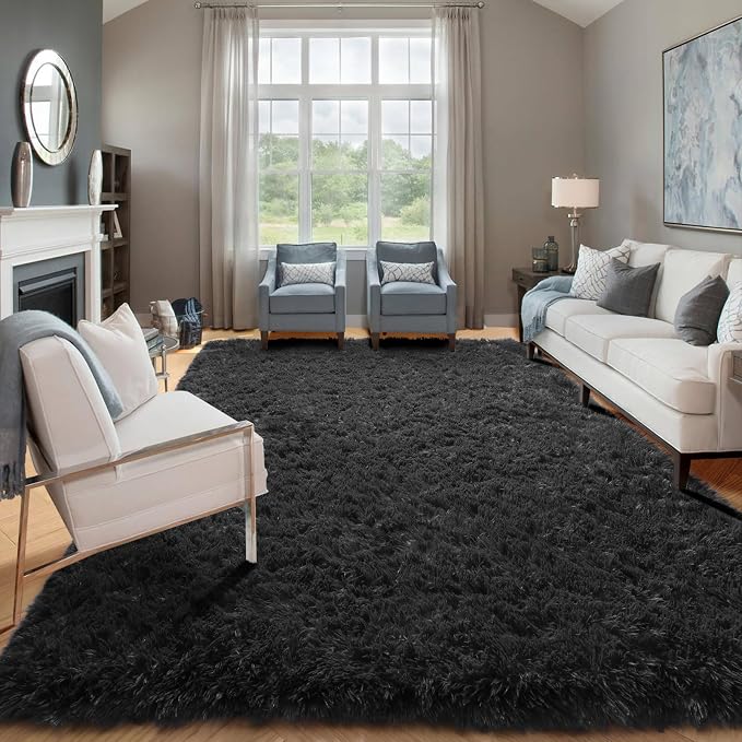Black Area Rugs for Living Room Bedroom, 5x8 Fluffy Shaggy Rug, Soft Plush - Image 4