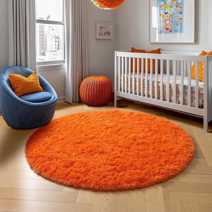 Amdrebio Orange Shaggy Round Area Rug 5Ft - Image 7