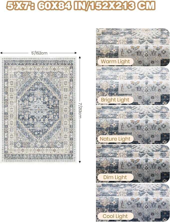 Area Rugs 5x7 Washable Rugs for Living Room, Ultra-Thin Soft Floral Vintage - Image 2