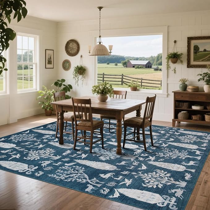 Washable Rugs 8x10 Area Rug for Living Room, Dining Room- Tree Blue | Ultra - Image 7