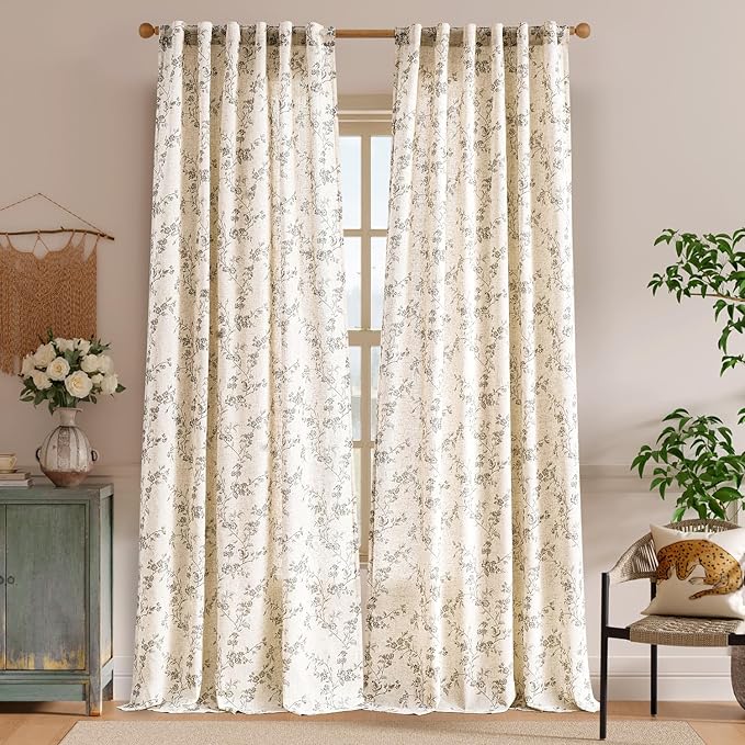 Extra Long Grey Vintage Floral Linen Curtains Farmhouse 2 Panels | Elisa Series - Image 2