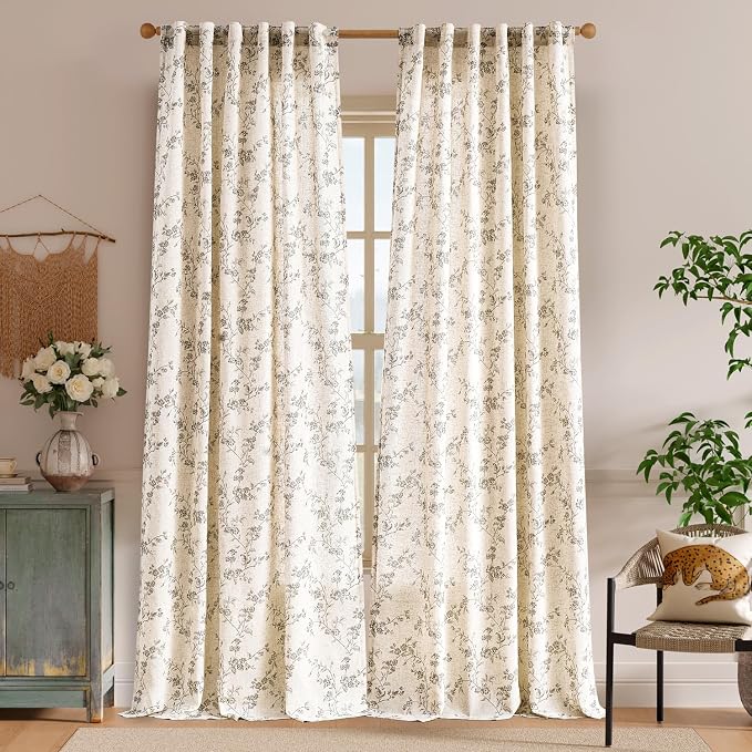 Grey Vintage Floral Linen Curtains Farmhouse 50W X 96L 2 Panels | Elisa Series - Image 2