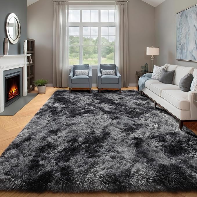 Area Rugs for Bedroom Living Room, Fluffy Tie-Dyed Dark Grey 4x6 Indoor Bedside by ONASAR