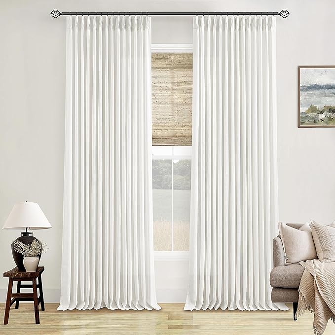 Beige White Pinch Pleated Linen Curtains 132 Inches Long 2 Panels | 400GSM by Twodrapes