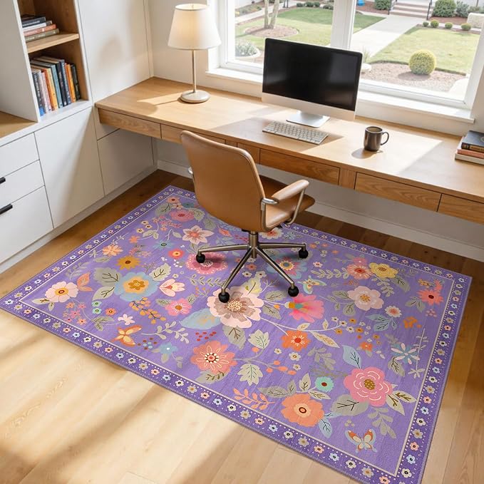 RELEANY Floral Washable 5x8 Area Rugs Purple/Pink | Flower Carpet Print Boho - Image 9