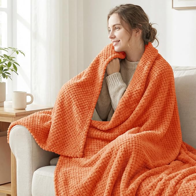 Exclusivo Mezcla Soft Waffle Fleece Bed Blanket Queen Size, Burnt Orange | - Image 2