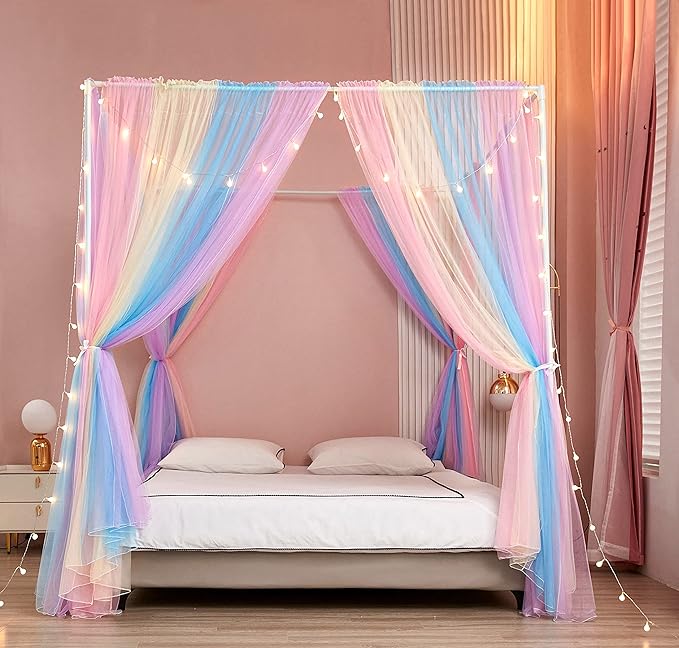 Akiky Canopy Bed Curtains with Lights 4 Corner Post Bed Canopy for Adults Girls, Rainbow Bed Drapes Netting-8 Panel Curtains,King