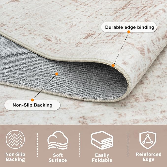 9x12 Washable Area Rug for Living Room Bedroom: Non-Slip Modern Beige White | - Image 4