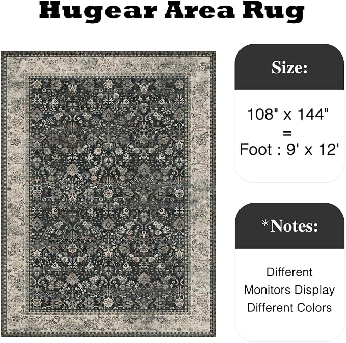 9x12 Black Beige Vintage Floral Washable Area Rug - Image 2
