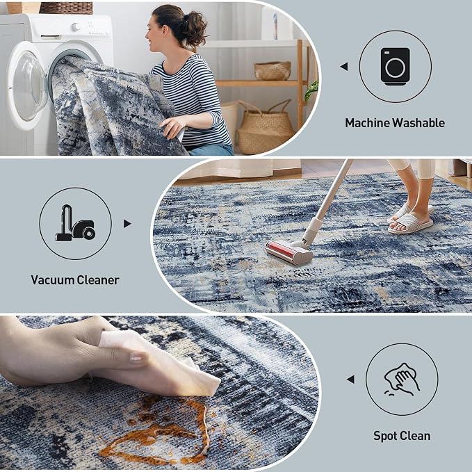 8x10 Area Rugs for Living Room: Washable Abstract Blue Gold Badroom Carpet | - Image 4