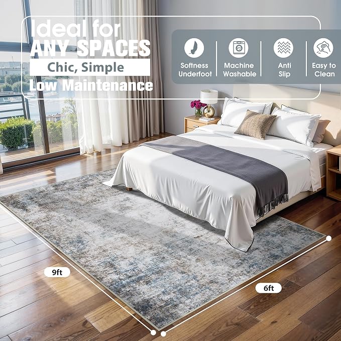 6x9 Area Rugs for Living Room Washable Bedroom Dining Room Brown Blue | Modern - Image 2