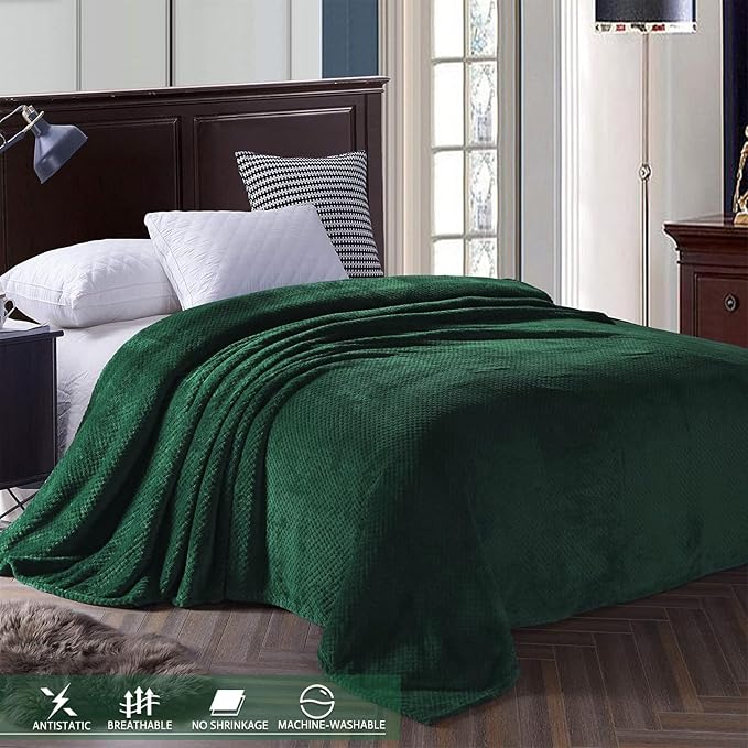 Exclusivo Mezcla Soft Waffle Fleece Bed Blanket Twin Size, Forest Green | - Image 3