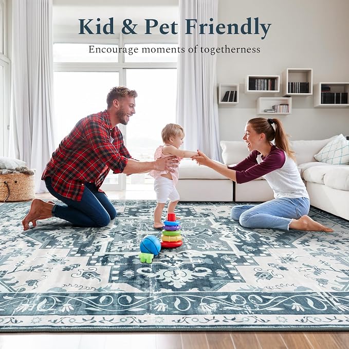 Rugflix 9x12 Area Rugs for Living Room, Washable Light Blue Large Rug | Machine - Image 9