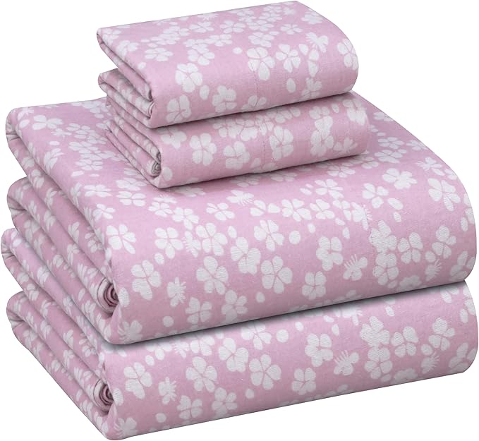 RUVANTI Flannel Sheets California King Size - 100% Cotton Brushed Cal King Bed Sheets Set - Deep Pockets 14 Inches - All Seasons Breathable & Extra Soft - Warm & Cozy, 4 Piece, Pink Flora