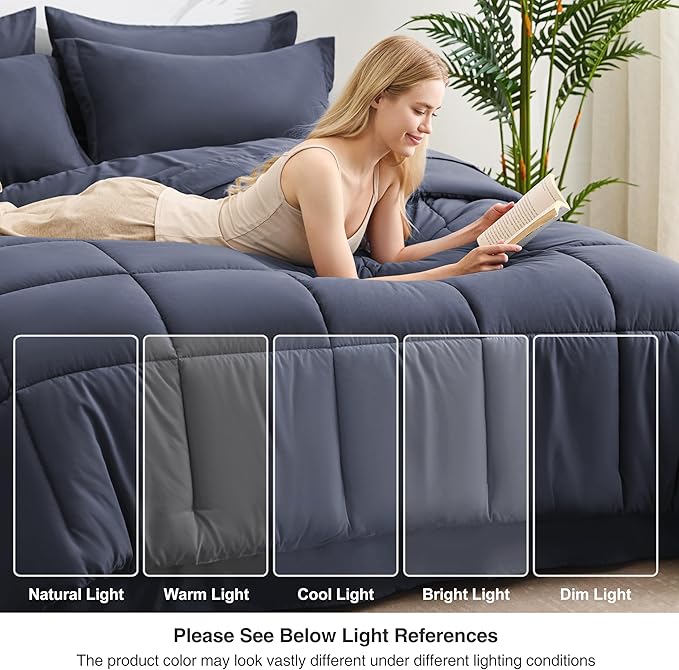 Love's cabin Twin XL Comforter Set Indigo Blue, 5 Pieces Twin XL Bed in a Bag, All Season Bedding Sets with 1 Comforter, 1 Flat Sheet, 1 Fitted Sheet, 1 Pillowcase and 1 Pillow Sham