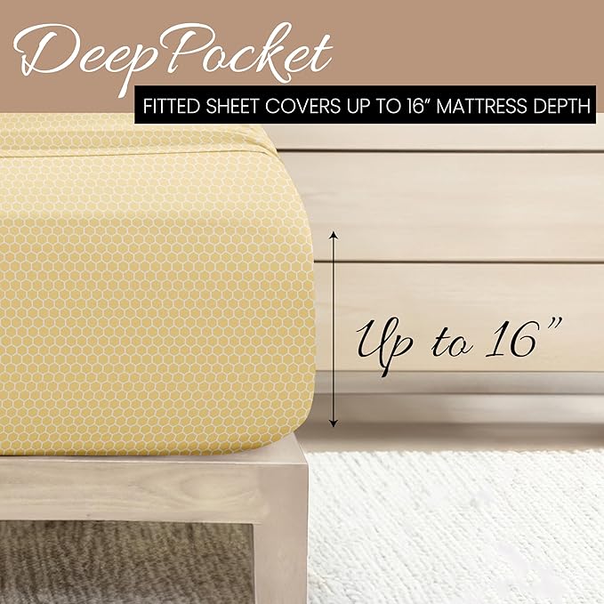 Linen Market Double-Brushed Patterned Microfiber Queen Sheet Set 4 Piece – Oeko-TEX Certified Ultra Soft & Wrinkle-Free - 16" Deep Pocket Sheets - Easy Care Queen Size - Honeycomb Yellow