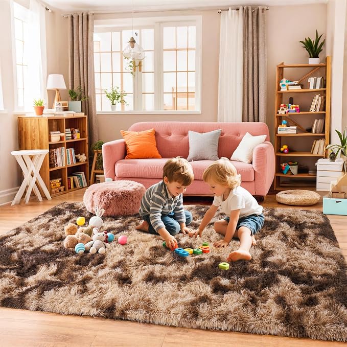 Super Fluffy Area Rug for Living Room 5x7, Shaggy Carpet, Tie-Dyed Coffee | - Image 3