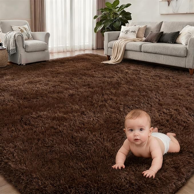 8x10 Area Rug Living Room Bedroom: Fluffy Plush Shag Carpet Brown | - Image 2