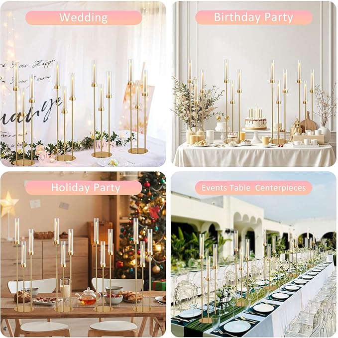 Vincidern 2pcs Gold Taper Candle Holder 3-arm Candelabra Decorative Candlestick Holder for Table Centerpieces, Wedding, Dining Room, Events, Party (34in Tall)
