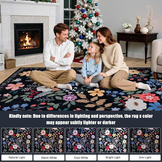 PLHXFR 2.6x10 Washable Runner Rug：Floral Indoor Kitchen Soft Carpet Black | - Image 9