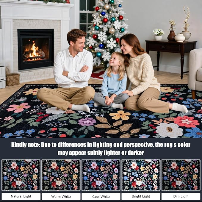 PLHXFR Round Area Rug Living Room: 4 ft Floral Washable Soft Carpet Black | - Image 9