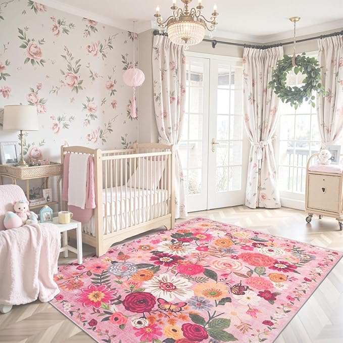 Pink Floral Area Rug 5x7 for Living Room Bedroom | Ultra-Thin; Non Slip; Stain by WelcometoBabovid