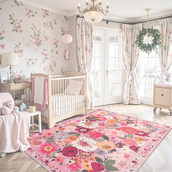Pink Floral Area Rug 4x6 for Bedroom Living Room | Ultra-Thin; Non Slip; Stain - Image 2