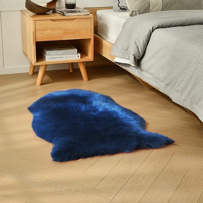 Navy Blue Faux Sheepskin Throw Rug 2x3 ft, Small Fluffy Fur Chair Cover | Shag - Image 5