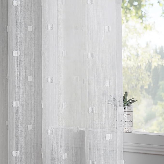 MYSKY HOME White Curtains for Bedroom 84 Inch Length Long Sheer Curtains for Living Room Nursery Curtains with White Patched Design Rod Pocket Privacy Window Drapes Dining Room 52" x 84" 2 Panels