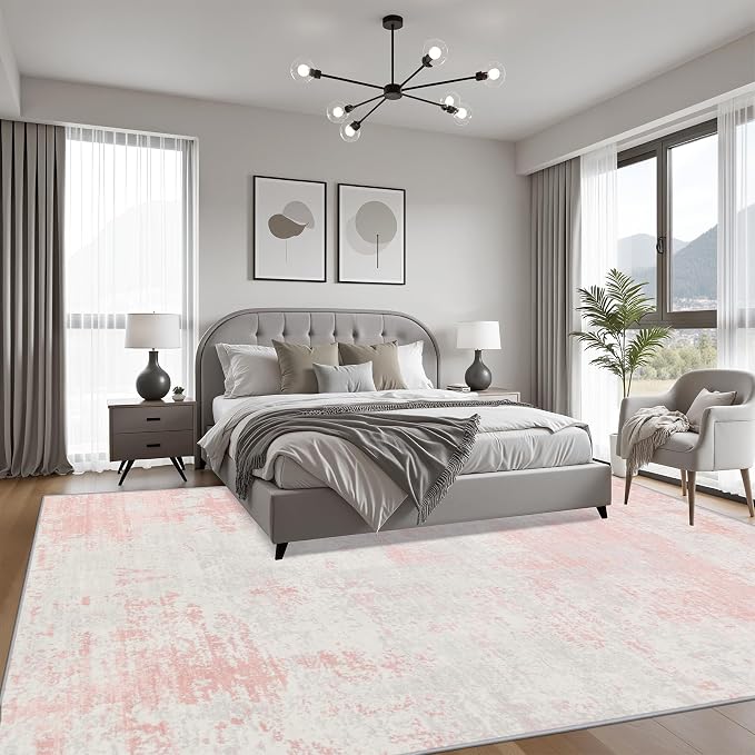 8x10 Area Rug Living Room: Modern Washable Soft Carpet Pink White | - Image 3