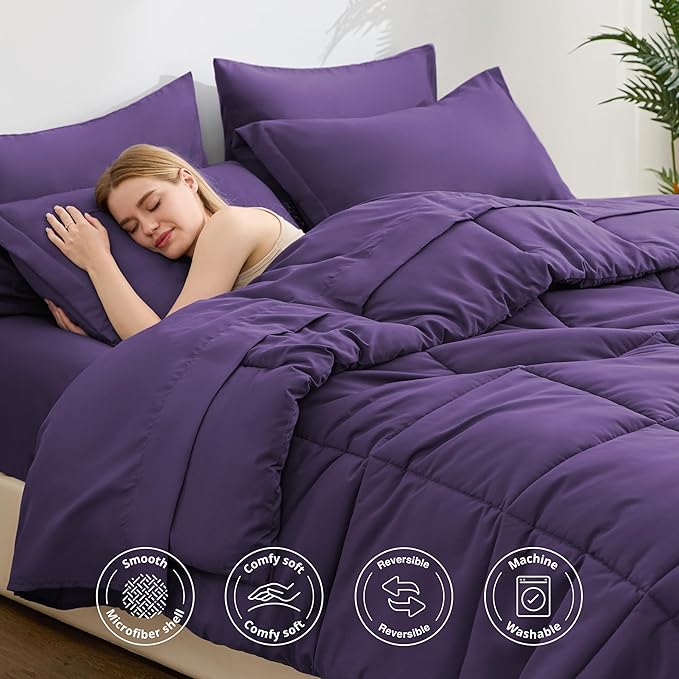 Love's cabin King Size Comforter Set Dark Purple, 7 Pieces King Bed in a Bag, All Season Bedding Sets with 1 Comforter, 1 Flat Sheet, 1 Fitted Sheet, 2 Pillowcase and 2 Pillow Sham