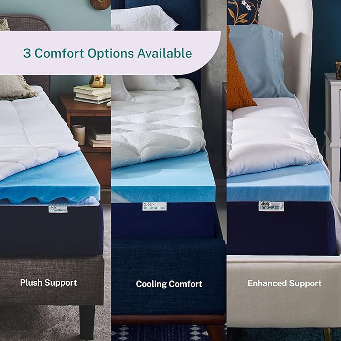 Sleep Innovations Cooling Comfort Gel Memory Foam Dual Layer Mattress Topper, 4 Inch, Queen Size, Pillow Top Cover