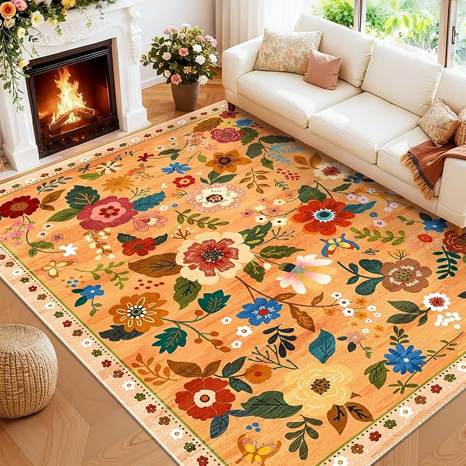 RELEANY Floral Washable 8x10 Area Rugs Yellow/Orange/Red | Flower Carpet Print by RELEANY