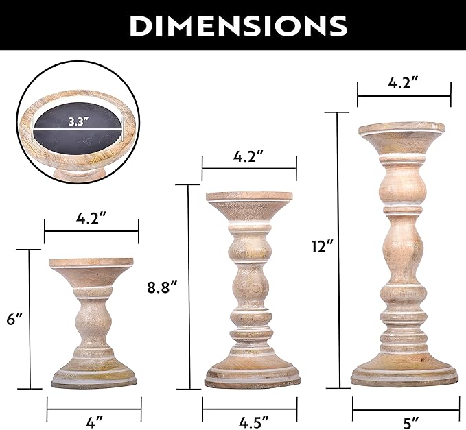 Mela Artisans Wooden Pillar Candle Holders | Willow Design | Set of 3 Mango Wood Candlesticks | Whitewash | Sizes 6" & 9" &12" | Table Decor | Centerpiece | Mantel | Wedding | Living Room Decor