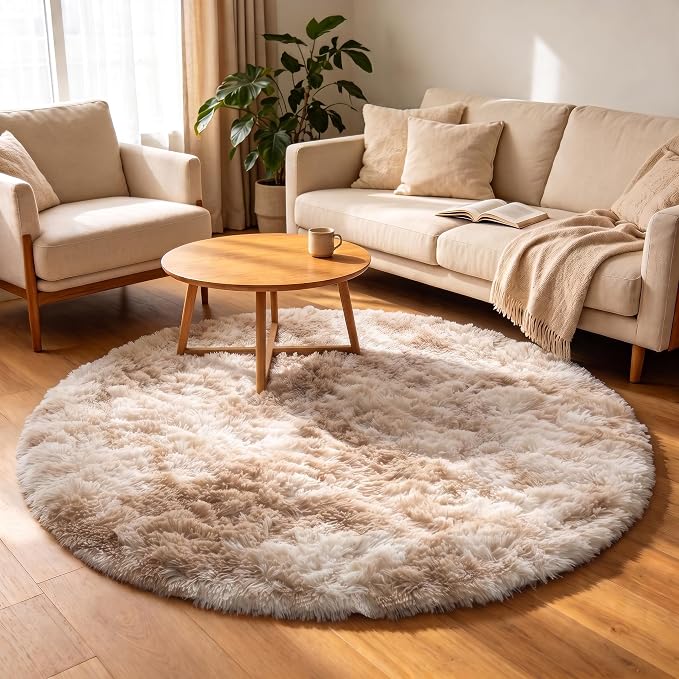 Tie-Dye Beige Round Area Rugs 5ft, Soft Bedroom Circle Rug Floor Mats by ONASAR