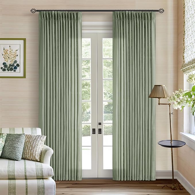 Sage Green Linen Curtains Pinch Pleated 84 Inches Long 2 Panels Set 40x84 | by Twodrapes