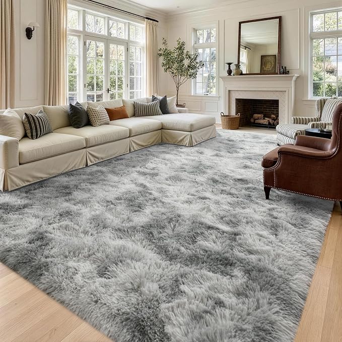 8x10 Extra Large Tie-Dyed Grey Fluffy Area Rug Non-Slip - Image 2