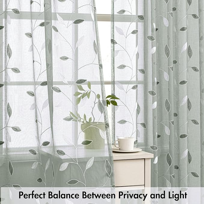 MIULEE Sage Sheer Curtains 2 Panels Embroidered Leaf Patterned, W52 x L63 | - Image 5