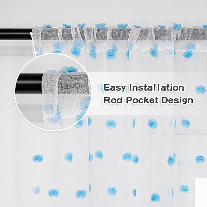 MYSKY HOME Light Blue Pom Pom Sheer Curtains for Girls Bedroom - 45 Inch, Light Filtering, Nursery, Kids Room, Rod Pocket, Cafe Style, Small Window Panels, 52 x 54 in, Set of 2
