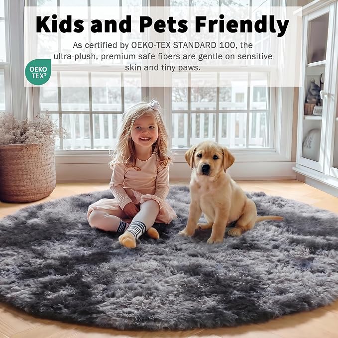 Tie-Dyed Dark Grey Round Area Rug 4ft, Ultra Soft Bedroom Circle Rugs - Image 4