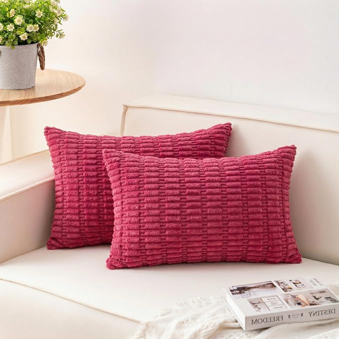 Pack of 2 Corduroy Decorative Throw Pillow Covers 12x20 Inch, Rose Red | Fall by Unknown