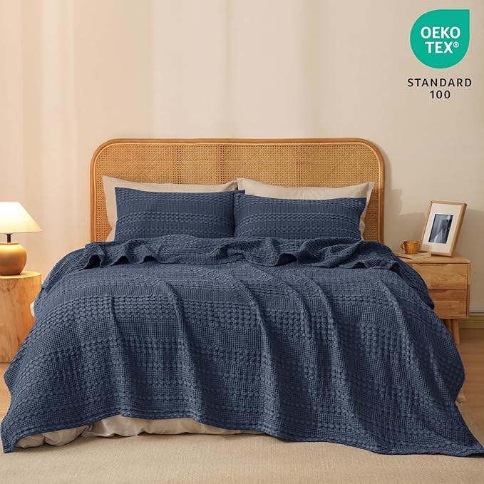 PHF 100% Cotton Waffle Weave Blanket Twin Size for Bed, Soft Lightweight & Breathable, All-Season Comfort, Luxury Aesthetic Woven Bedding for Home Decor, 66"x90", Indigo