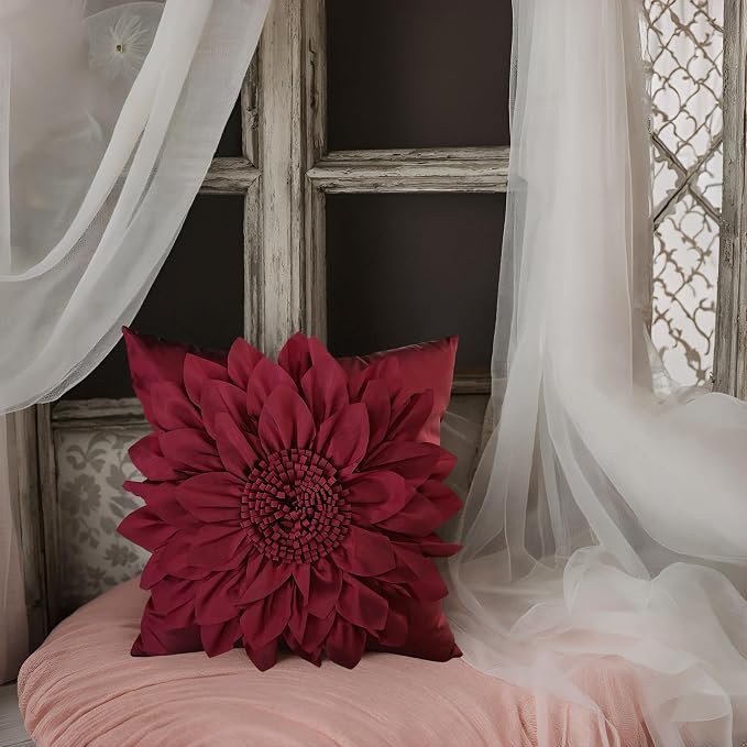 Burgundy Accent 3D Flower Decorative Throw Pillow Covers - Image 4