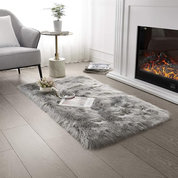 SERISSA 2x4 Fluffy Grey Faux Sheepskin Shaggy Rug by SERISSAHomeDecorCollection