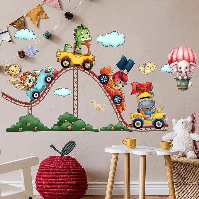 Amusement Park Animal Wall Stickers Car Wall Decals Kid Room Nursery Baby Bedroom Décor (Roller Coaster Animals)