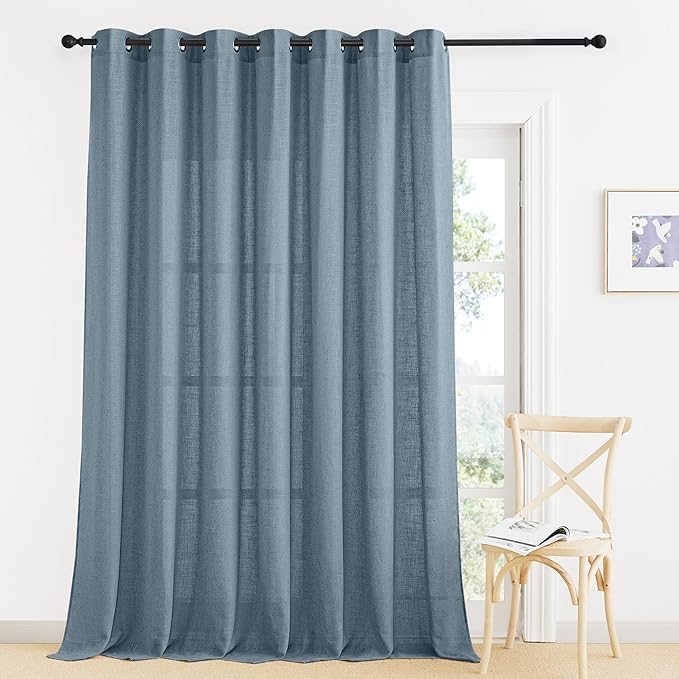 RYB HOME Extra Wide Semi Sheer Curtains, Grommet Easy Sliding Room Divider for Office Bedroom Separation, Large Window Curtains for Sliding Glass Door, Stone Blue, W 100 x L 95, 1 Pcs